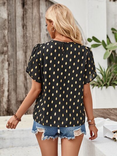 swvws Printed Round Neck Petal Sleeve Blouse