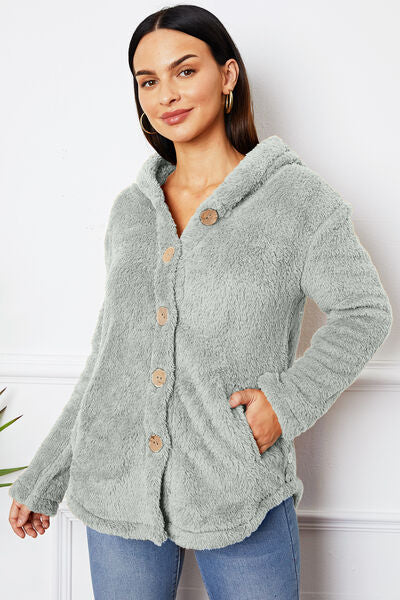 swvws Fuzzy Button Up Hooded Outerwear