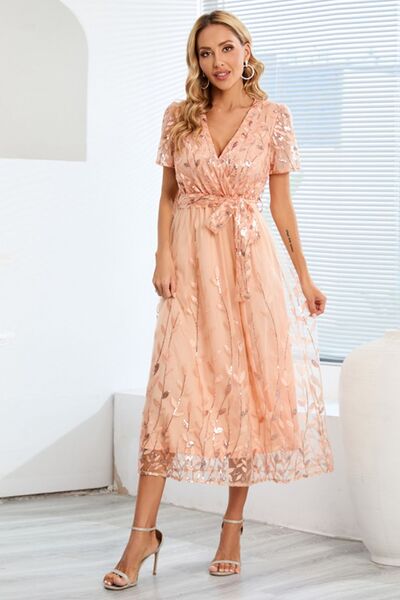 swvws Sequin Leaf Embroidery Tie Front Short Sleeve Dress