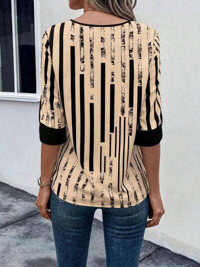 swvws Striped Notched Half Sleeve Blouse