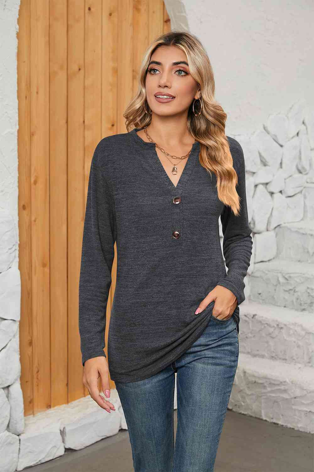 swvws Notched Neck Long Sleeve T-Shirt