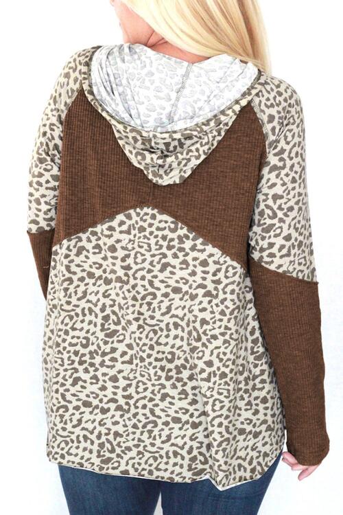 swvws Drawstring Leopard Long Sleeve Hoodie