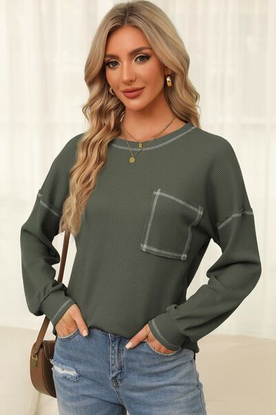 swvws Contrast Stitching Waffle-Knit Round Neck Blouse