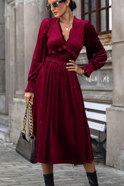 swvws Smocked Lantern Sleeve Midi Dress