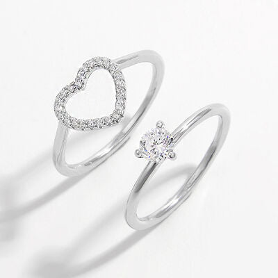 swvws 2 Piece Heart Shape Zircon 925 Sterling Silver Ring