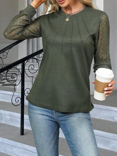 swvws Waffle-Knit Round Neck Long Sleeve Blouse