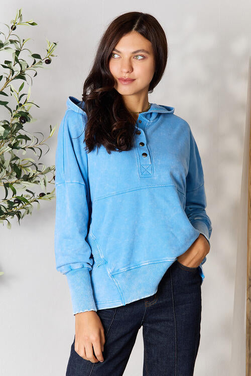 swvws Zenana Half Snap Long Sleeve Hoodie with Pockets