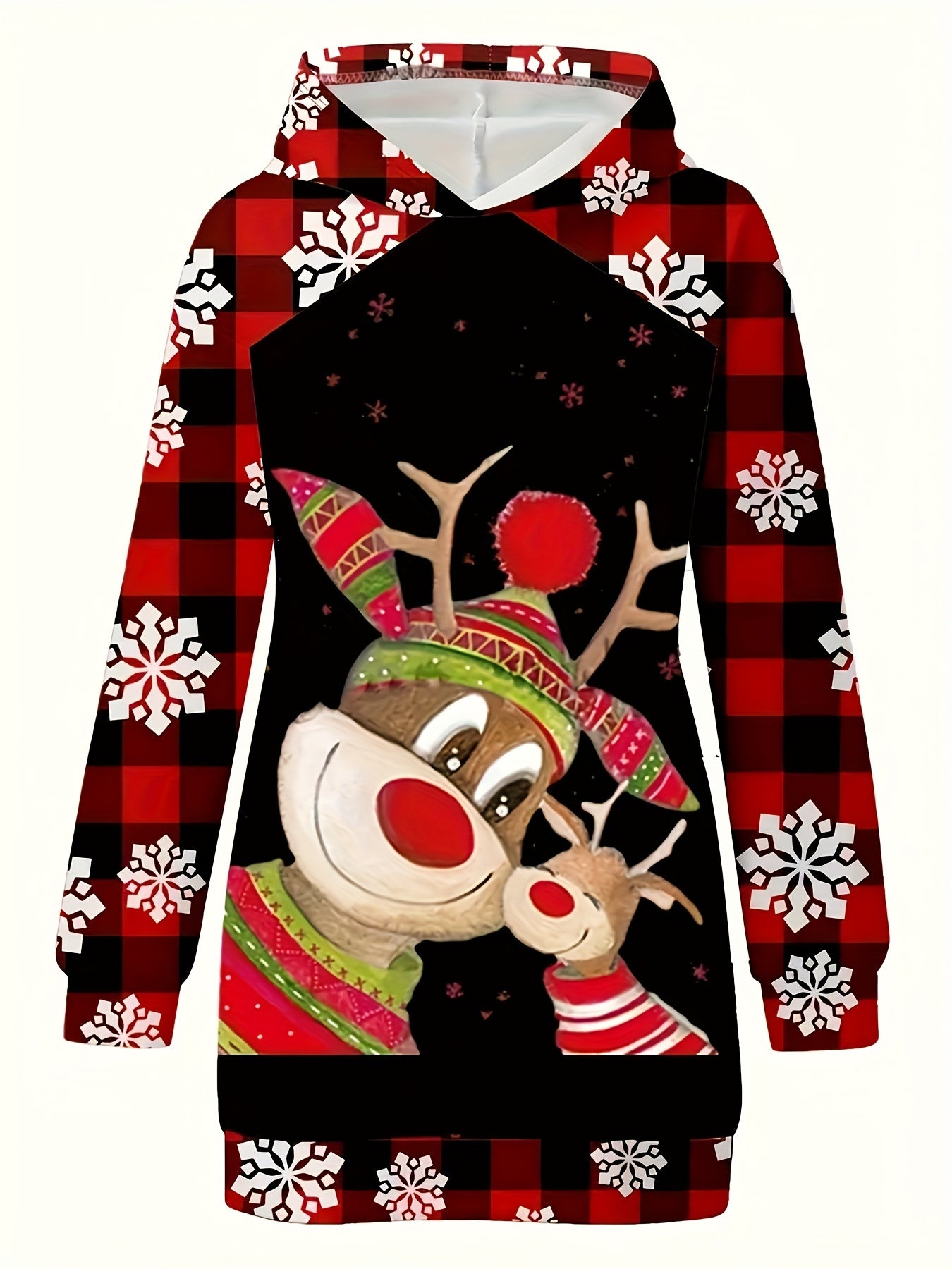 Christmas Reindeer Print Hoodie Dress for Women - Casual Polyester Flannel Fitted Dress with Santa Hat and Snowflake Pattern, Adult Winter Holiday Fashion