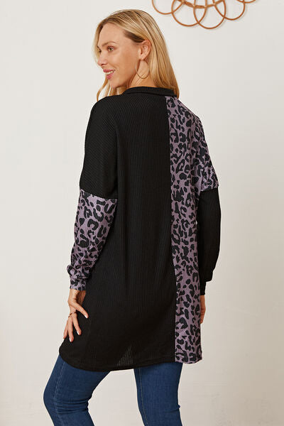 swvws Leopard Waffle-Knit Buttoned Long Sleeve Blouse