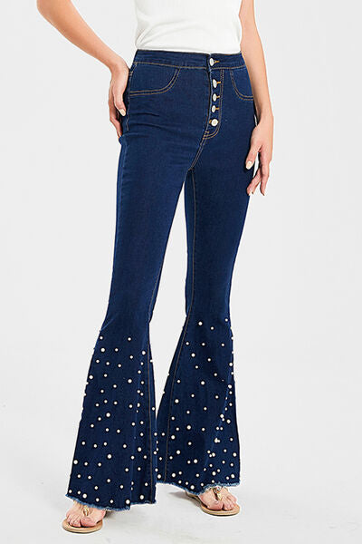 swvws Pearl Detail Raw Hem Flare Jeans