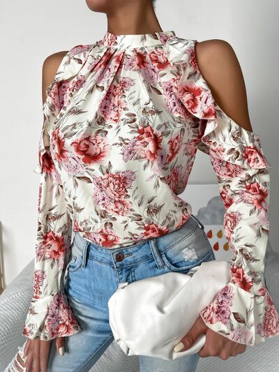 swvws Floral Cold Shoulder Ruffle Trim Blouse