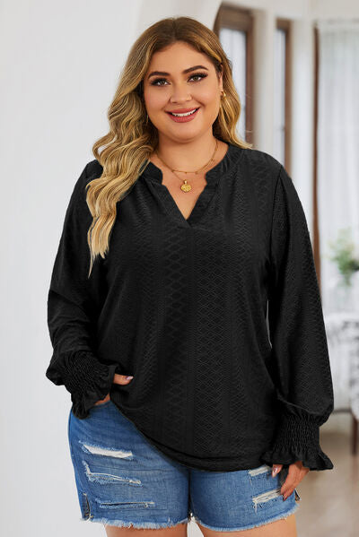 swvws Plus Size Eyelet Notched Flounce Sleeve Blouse