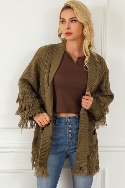 swvws Cable-Knit Fringe Pocketed Cardigan