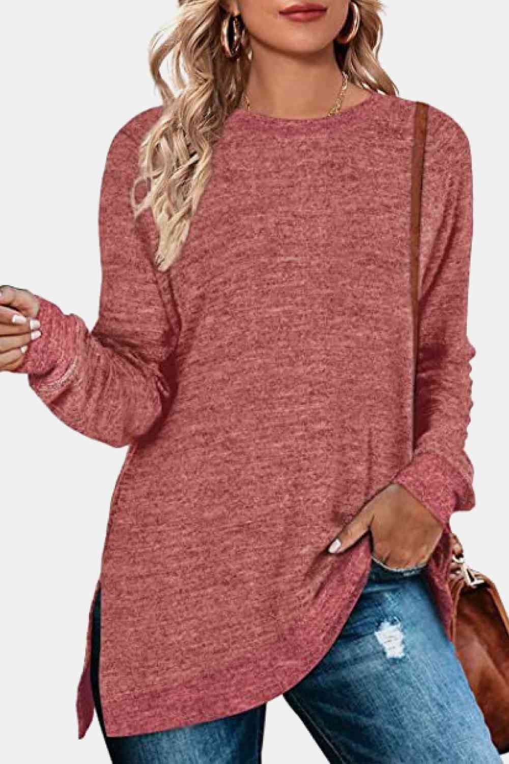 swvws Round Neck Long Sleeve Slit T-Shirt