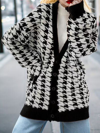 swvws Houndstooth Button Up Long Sleeve Cardigan