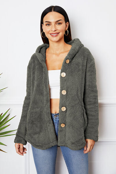 swvws Fuzzy Button Up Hooded Outerwear