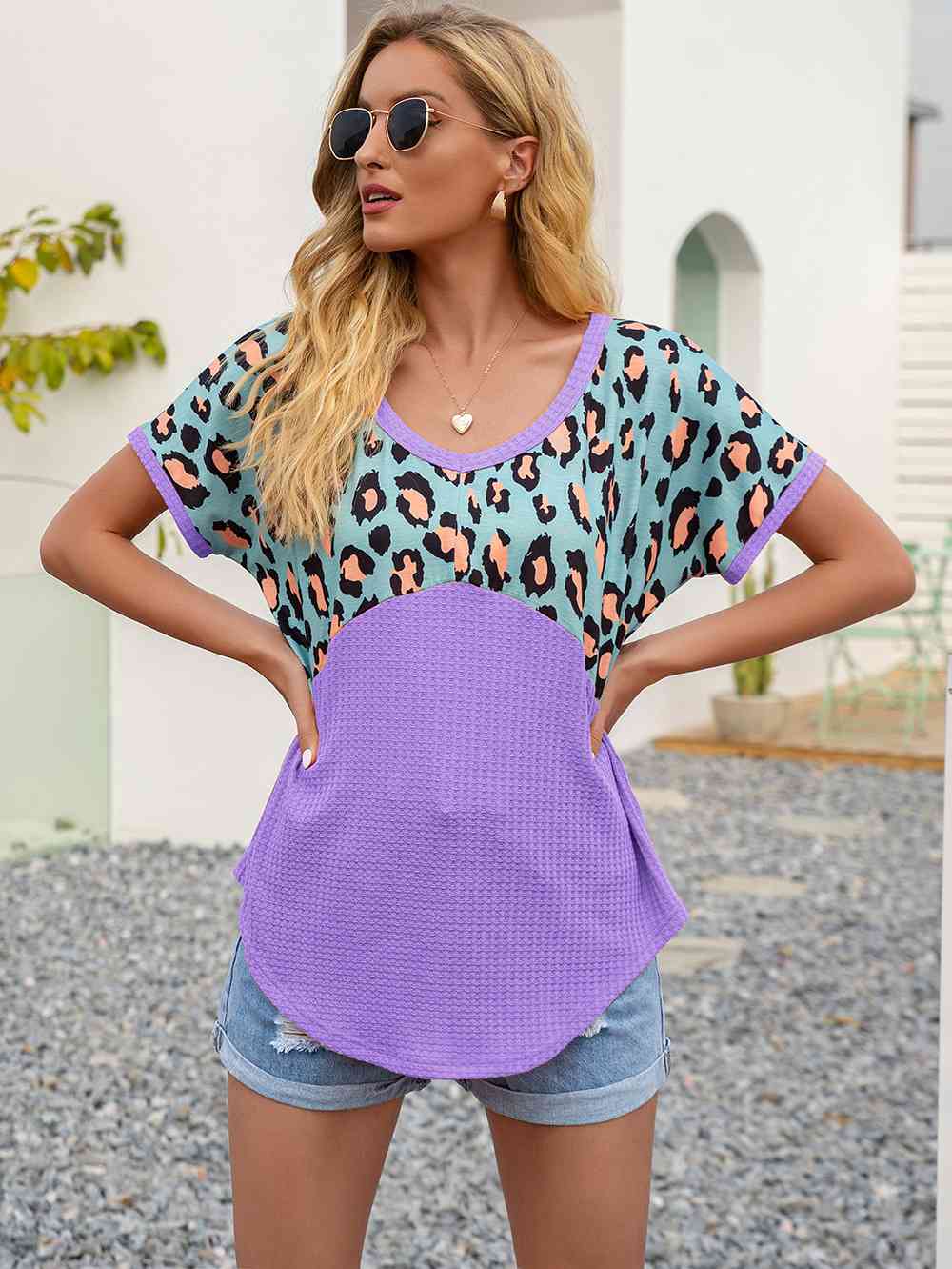 swvws Leopard Waffle-Knit Short Sleeve Top