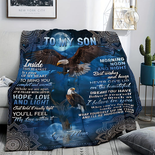 1pc Cozy Eagle Flannel Throw - Soft, Warm, and Plush Bed Blanket for Bedroom, Study, Travel, and Camping - Perfect Gift for Son