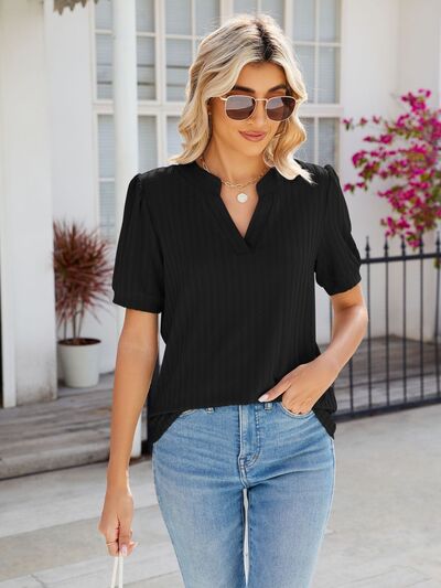 swvws Texture Notched Short Sleeve Blouse