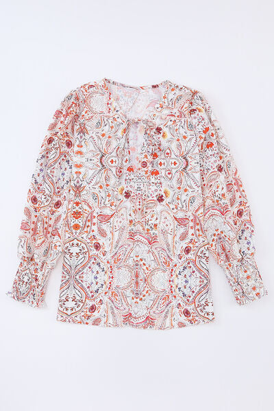 swvws Printed Tie Neck Long Sleeve Blouse