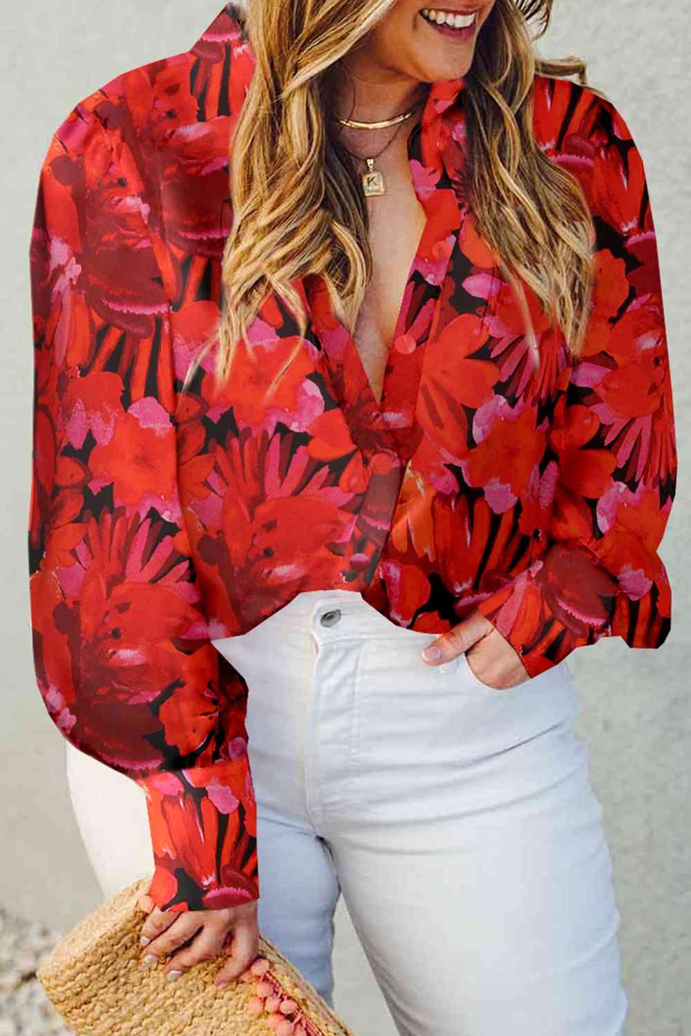 swvws Plus Size Printed Collared Neck Long Sleeve Shirt