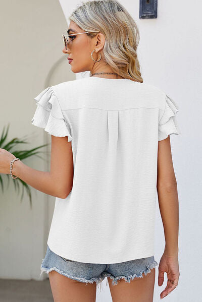 swvws Ruffled V-Neck Short Sleeve Blouse