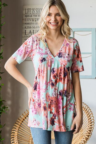 swvws Heimish Full Size Floral V-Neck Short Sleeve Babydoll Blouse