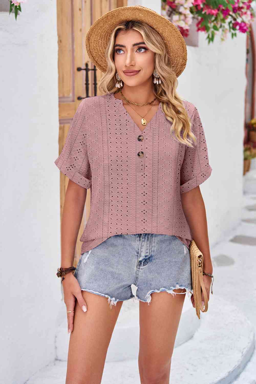 swvws Buttoned Notched Neck Eyelet Top