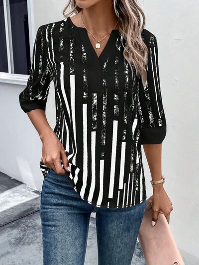 swvws Striped Notched Half Sleeve Blouse