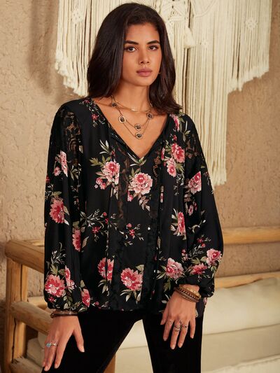 swvws Flower Printed Tie Neck Long Sleeve Blouse