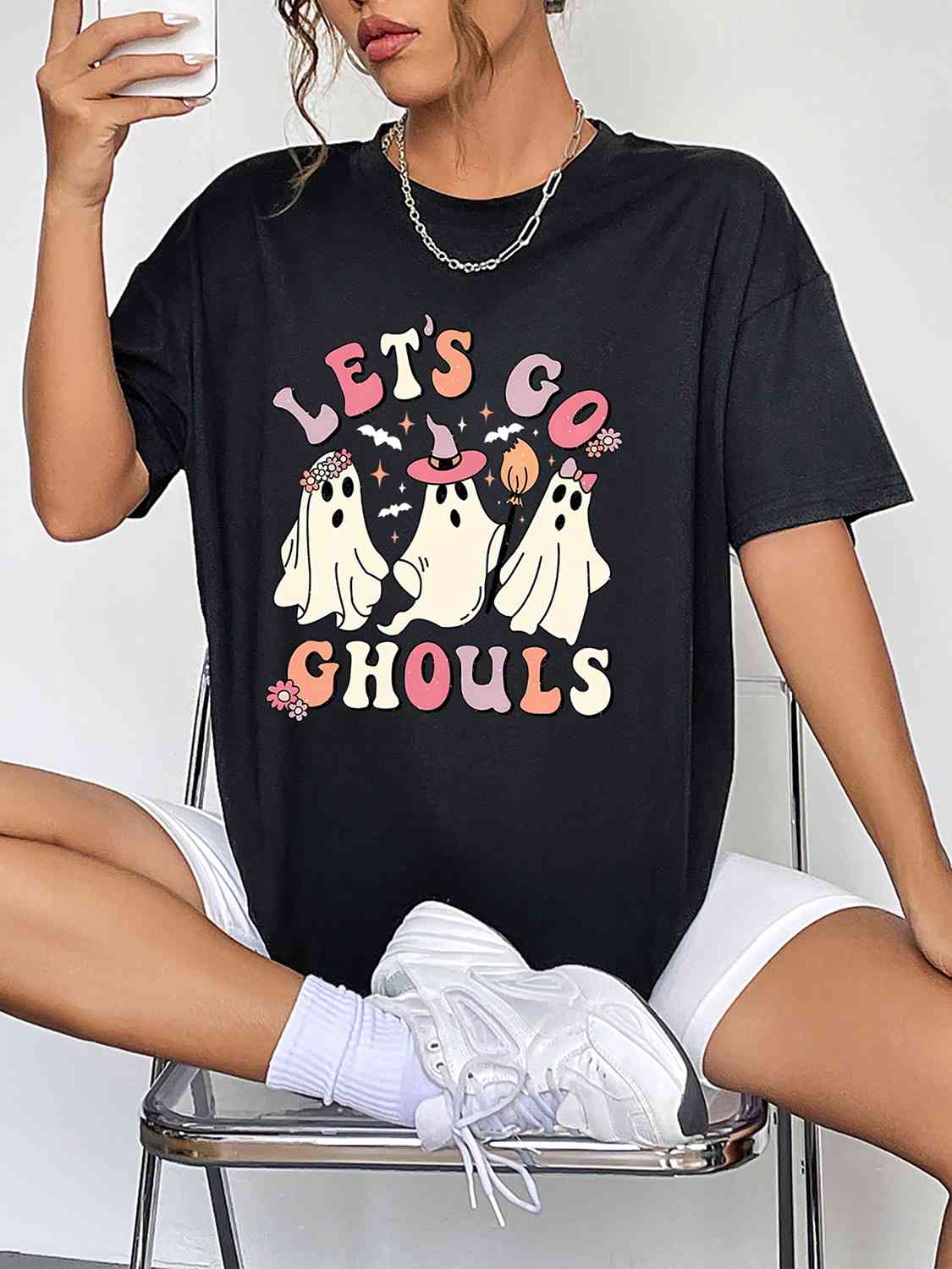 swvws Round Neck Short Sleeve LET'S GO GHOULS Graphic T-Shirt