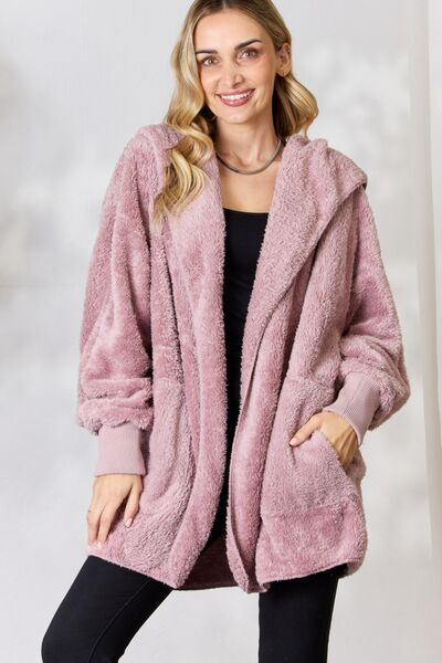 swvws H&T Faux Fur Open Front Hooded Jacket