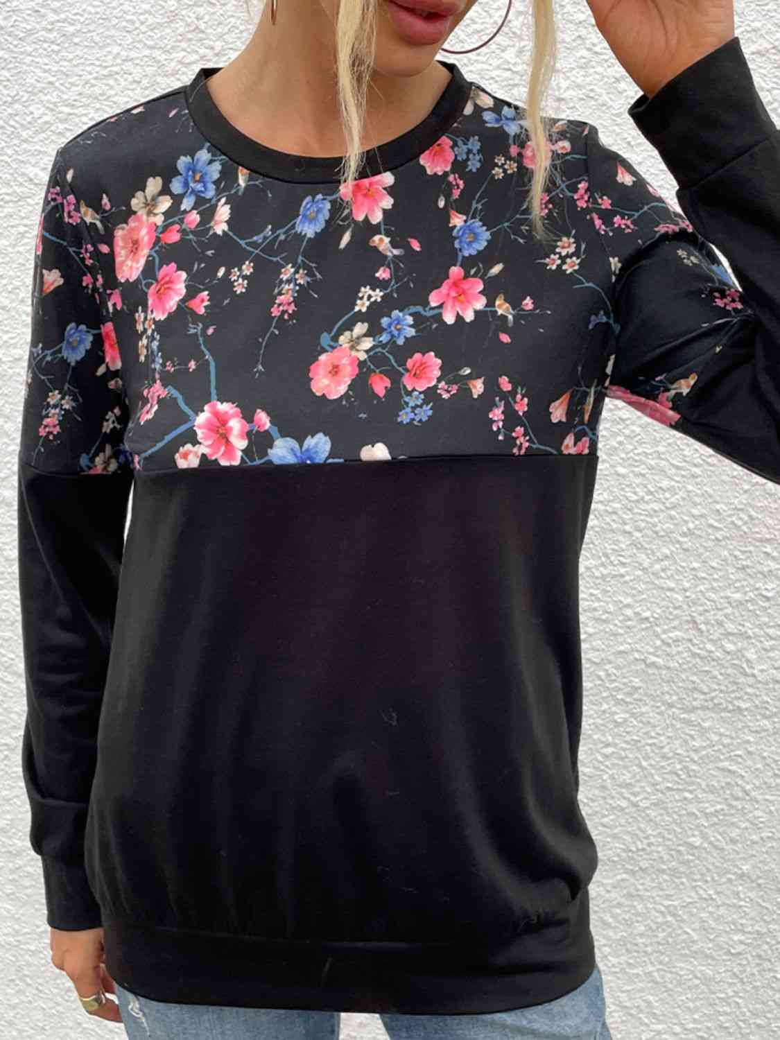 swvws Floral Print Round Neck Dropped Shoulder Tee