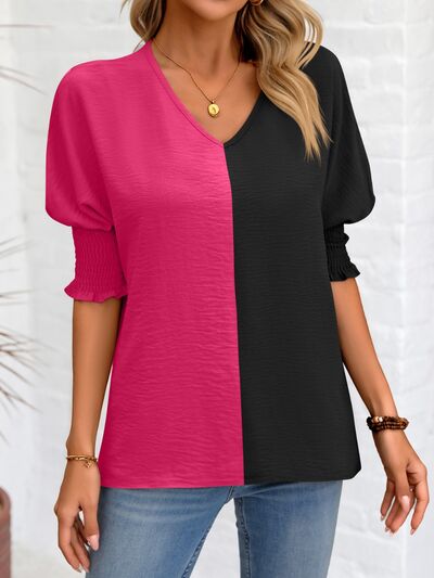 swvws Contrast V-Neck Lantern Sleeve Blouse