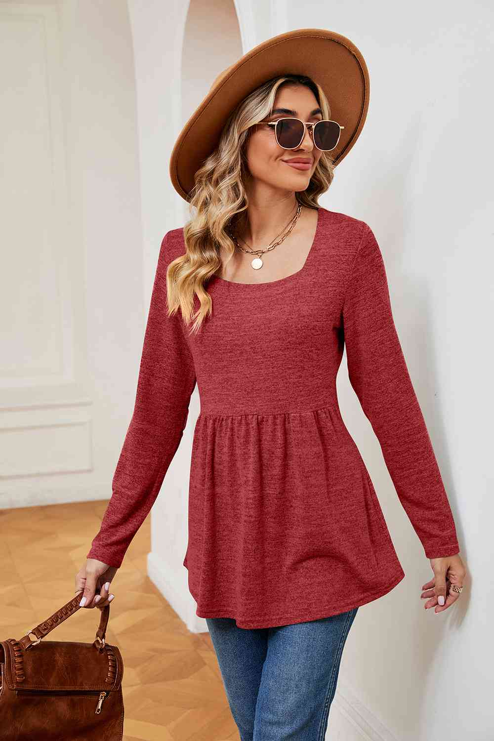 swvws Square Neck Long Sleeve Peplum Top