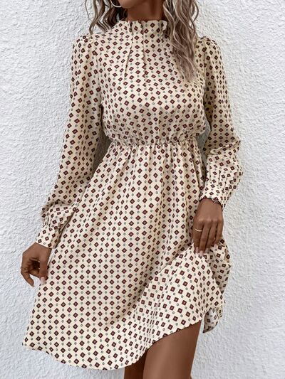 swvws Printed Ruched Mock Neck Long Sleeve Dress