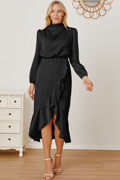 swvws Mock Neck Ruffled Asymmetrical Dress