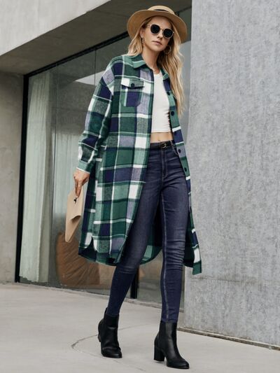 swvws Plaid Pocketed Button Up Trench Coat