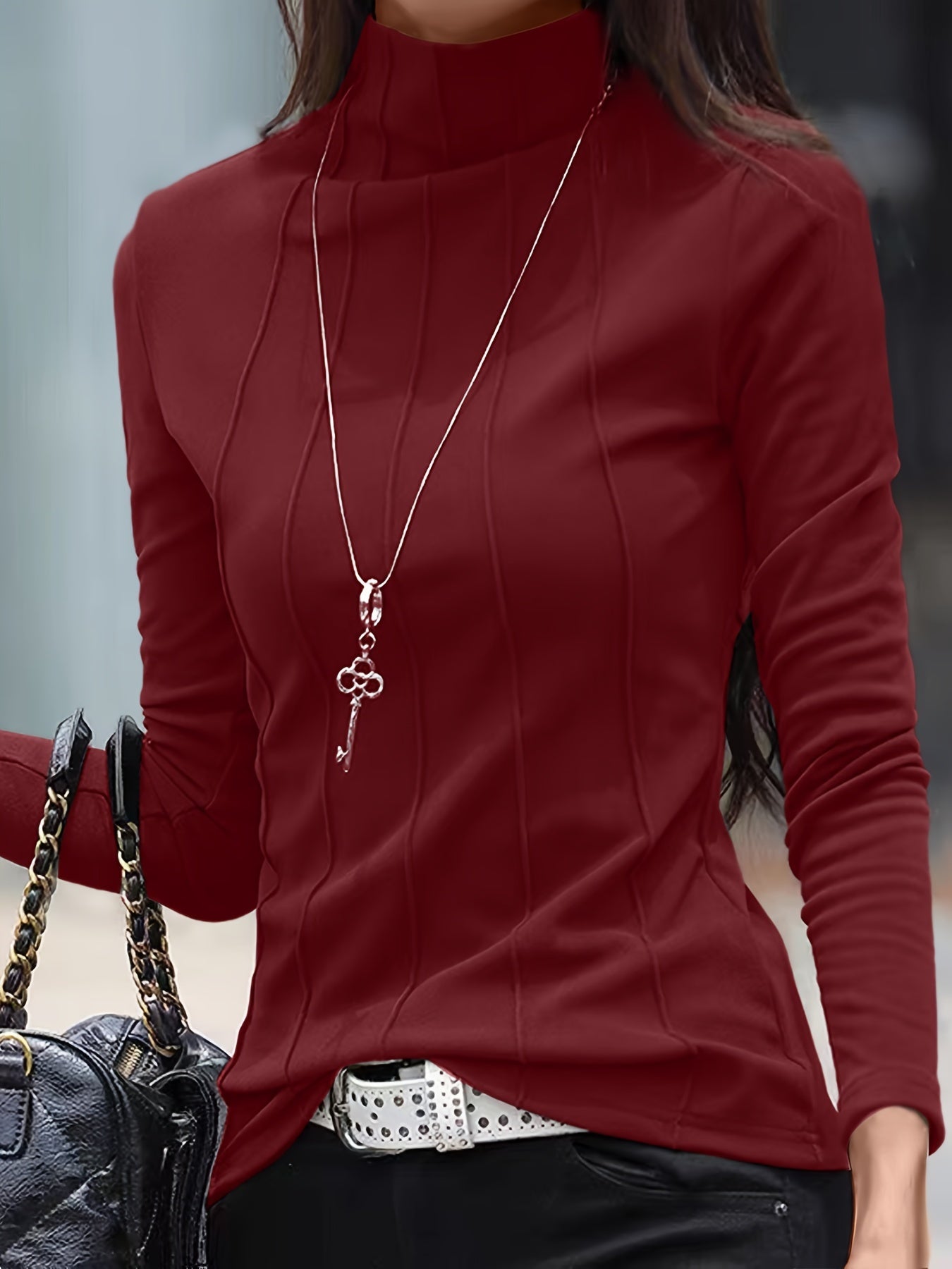 Womens Solid Turtleneck Slim Fit T-Shirt - Soft & Stylish Long Sleeve Top - Seasonal Essential for Spring & Fall - Versatile Layering Piece - Casual to Dressy Wear