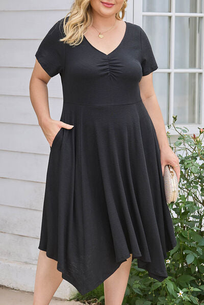 swvws Plus Size Ruched Crisscross V-Neck Short Sleeve Dress