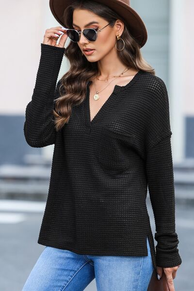 swvws Waffle-Knit Notched Dropped Shoulder Blouse