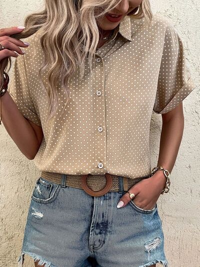 swvws Polka Dot Button Up Short Sleeve Blouse