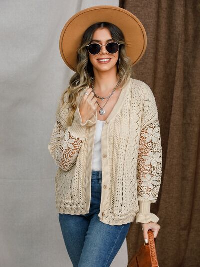 swvws Eyelet Button Up Lantern Sleeve Cardigan