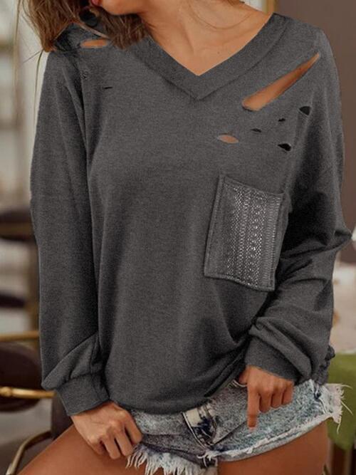 swvws Distressed V-Neck Long Sleeve T-Shirt With Pockets