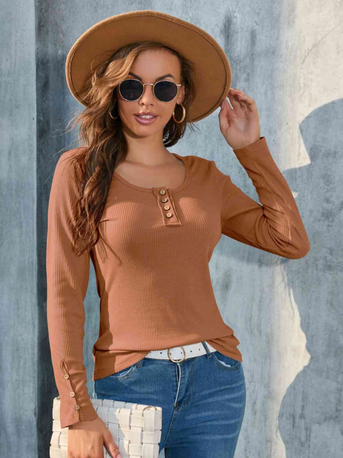 swvws Buttoned Round Neck Long Sleeve T-Shirt