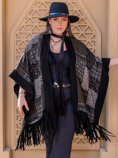 swvws Plus Size Printed Fringe Open Front Outerwear