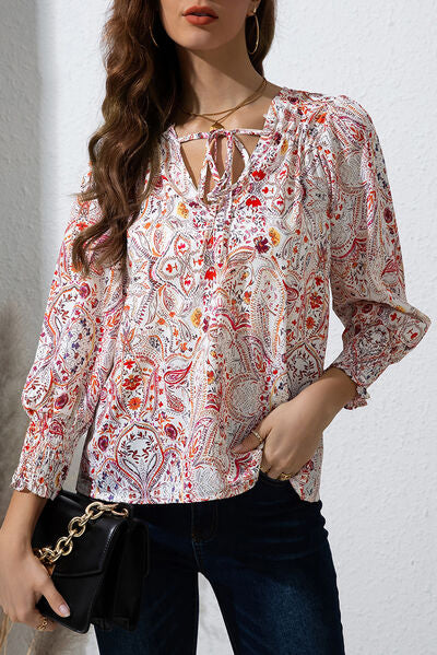 swvws Printed Tie Neck Long Sleeve Blouse