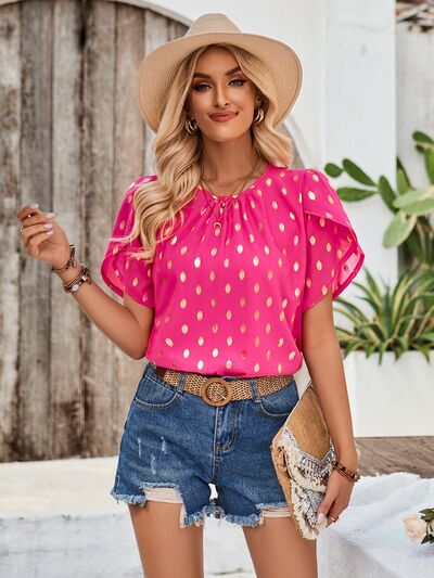 swvws Printed Round Neck Petal Sleeve Blouse