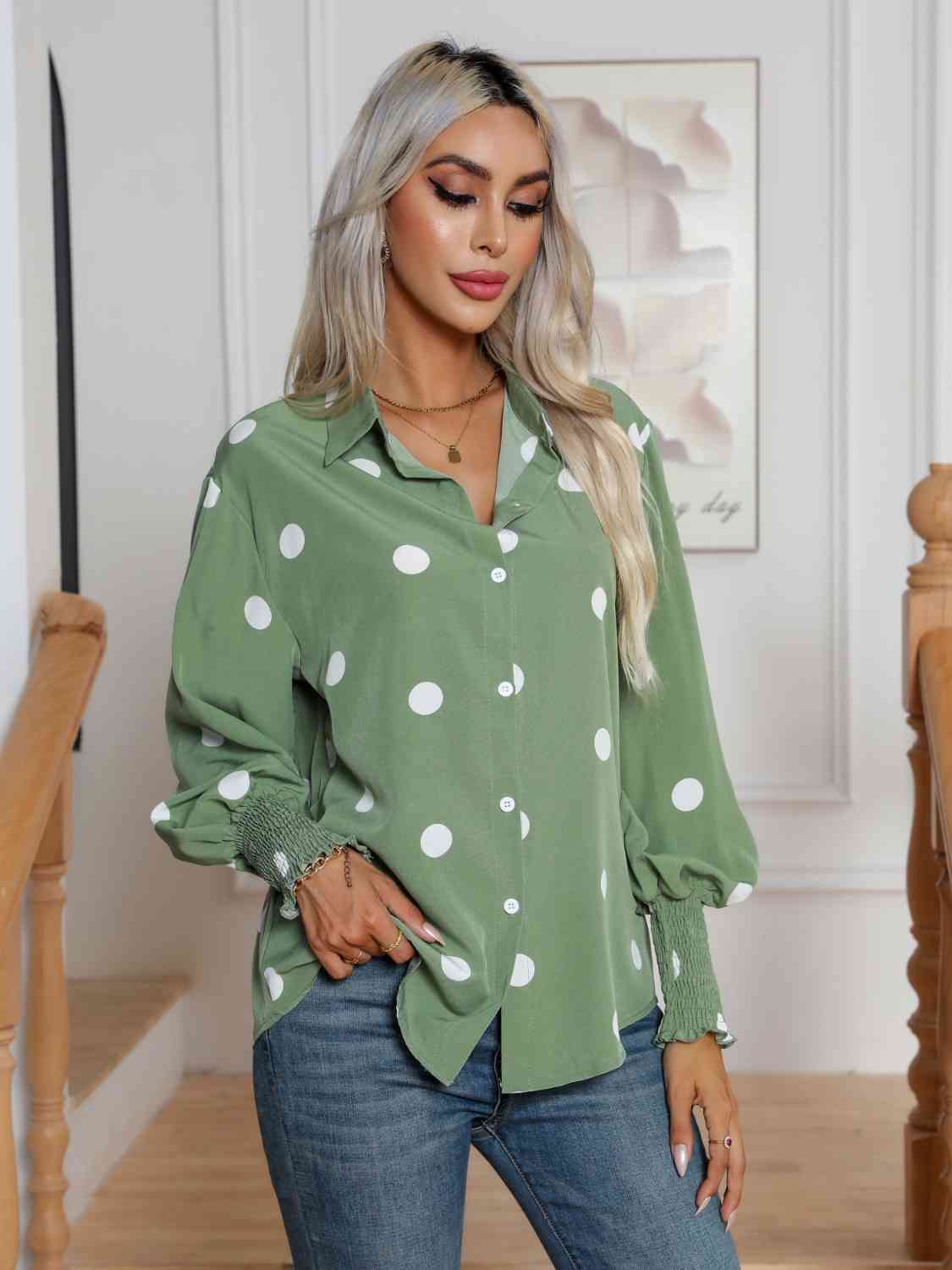 swvws Polka Dot Collared Neck Buttoned Lantern Sleeve Shirt