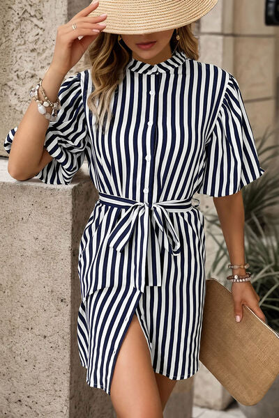 swvws Striped Button Up Tie Waist Mini Dress